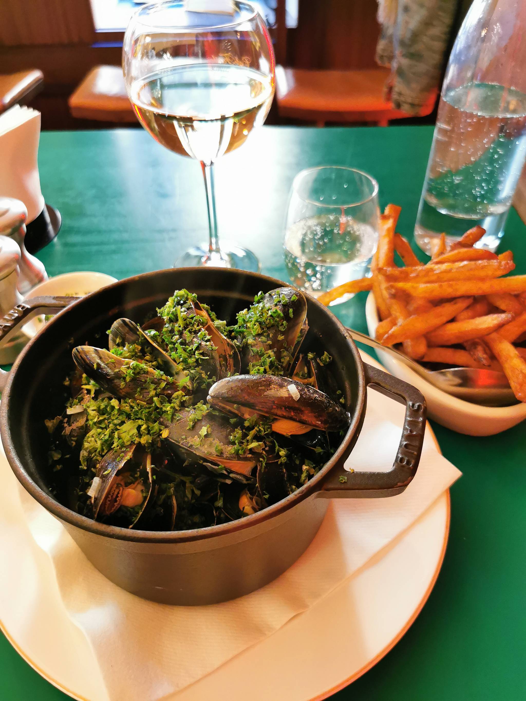 Main course Moules frites with aioli and homemade french fries. 